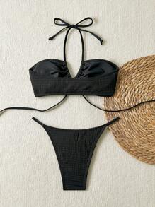 SHEIN Swim 女式简约休闲性感纯色纹理面料吊带上衣和高腰比基尼两件套 - 黑色 - 查看 6