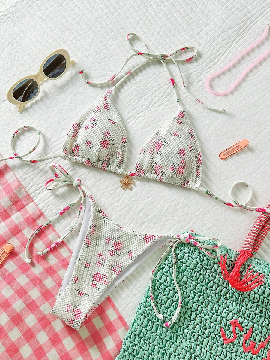 Swim Mod Women's Floral Print Halter Bikini Set, Summer Beach Clothes Outfit