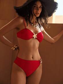 MOTF PREMIUM RUCHED METAL DETAIL BIKINI SET FOR SUMMER BEACH VACATION - Red - View 4