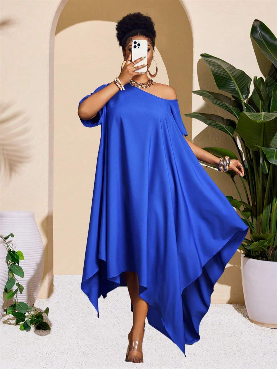 Slaydiva 2025 New Rave/Easter Outfit, Women Old Money Style, Country Concert Outfit, Going Out Outfit, Fairycore, Festival Outfit, Tropical Vacation, Women Summer Outfit, Summer Rave, European Summer, Spring Outfit, Western Wear For Plus Size Women, Concert, Graduation Outfit, Versatile Daily Casual Minimalist Sexy/Extremely Simple One-Shoulder Short Sleeve Loose Sleeveless Asymmetrical Hem Women Dress - ZZ - Blue - View 1