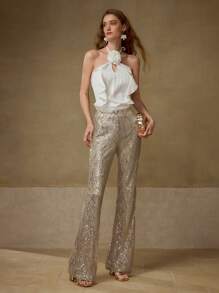 MOTF PREMIUM SEQUIN FLARE LEG PANTS - Apricot - View 5