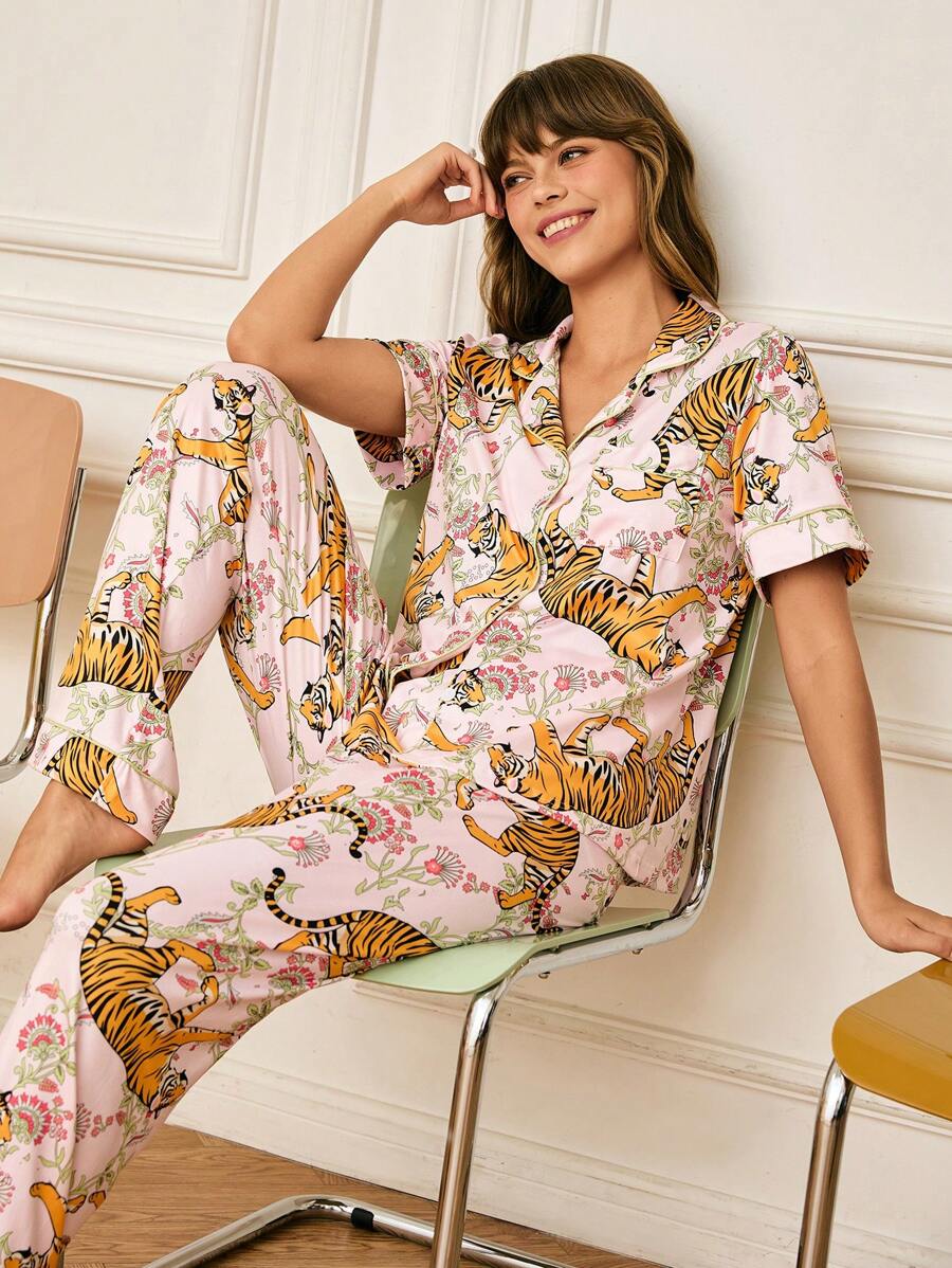 Leopard Plants Print Front Opening Ladies Sleepwear Set - Multicolor - View 1