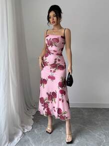 Chiquease Women's Spring And Summer Floral Print Suspender Slim Fit Mesh Bouquet Pattern A-Line Ladies Spaghetti Strap Midi Dress - Multicolor - View 4