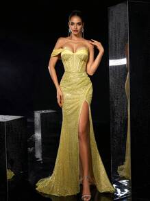Glamrae Elegantes, romantisches, wunderschönes, sexy Kleid für Frühling und Sommer in Gelb mit Pailletten, Satinsteppung, Carmen-Ausschnitt, plissierter Taille, seitlichem Fließ, Fischschwanzsaum, geeignet für Urlaub, Geburtstagsfeiern, Dates, Abschlussbälle, formelle Dinner, Hochzeitsgäste, Abendkleider - Gelb - Übersicht 2