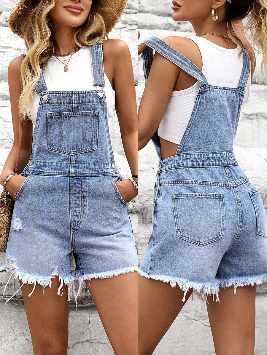 EMERY ROSE Women's Pocket Distressed Casual Denim Bib Shorts - Light Wash - View 1