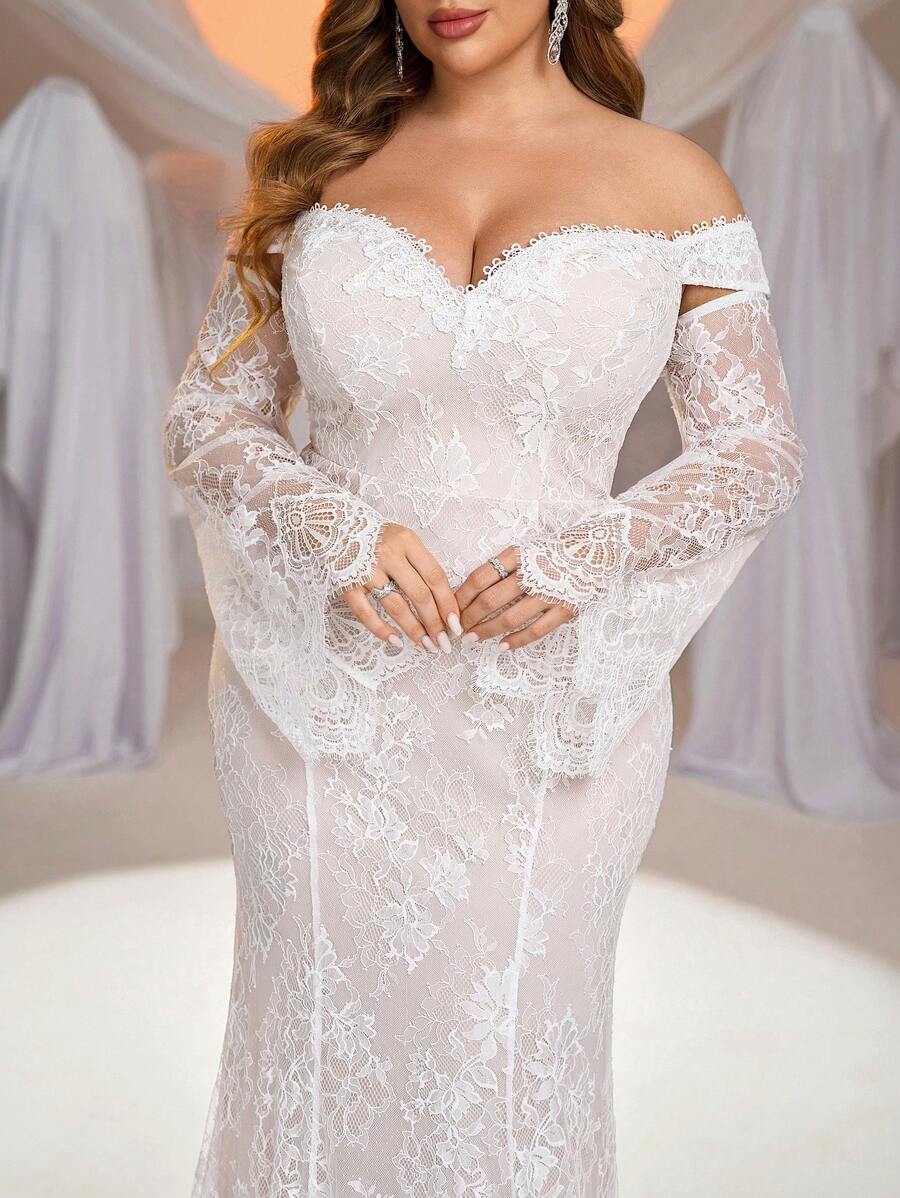 Glamrae 加大码优雅奢华透视可拆卸长袖露肩喇叭下摆弹力蕾丝性感露背鱼尾长裙，适合婚礼、派对、节日、毕业典礼、新娘 - 白色 - 查看 1