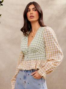 WESTFADE Spring Colorblock Gingham Checkered Plaid V Neck Button Front Long Sleeve Ruffle Peplum Western Cowgirl Top Summer Casual Beach Vacation