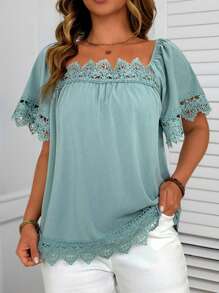 SHEIN Clasi Plus Size Women Elegant Casual Commuter Style Hollow Out Embroidery Texture Fabric Square Collar Splice Lace Trim Puff Sleeve Doll Dress, Gentle Maiden Vibe, Suitable For Dates, Graduation, Festivals, Valentine's Day, Thanksgiving, Christmas, Easter, National Holiday, Prom, Meetings, Commuting, Daily Outings, St. Patrick's Day - Multicolor - View 1