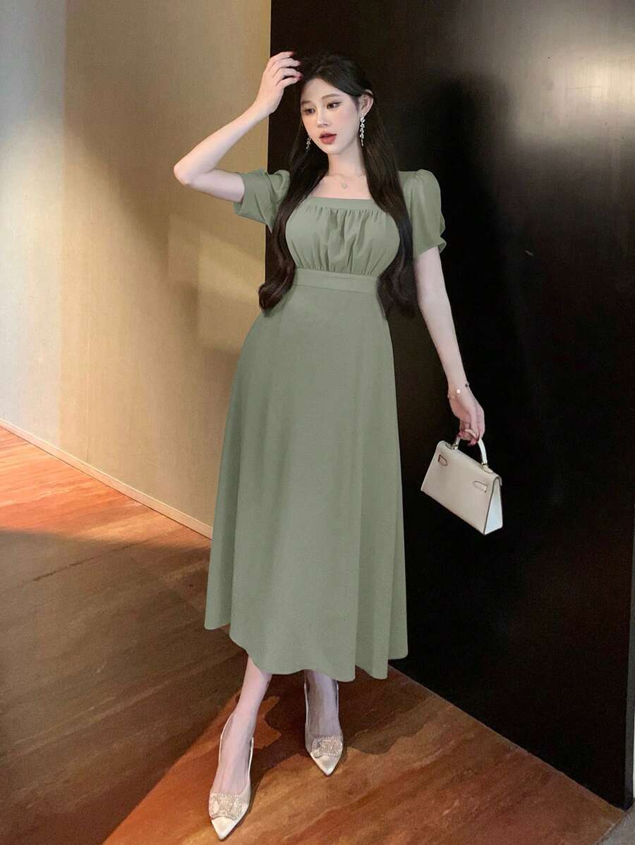 DAZY 女士优雅纯色泡泡袖中长连衣裙吊带裙舞会礼服复活节 - 綠色 - 查看 1