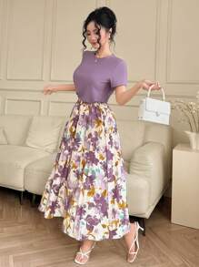 DAZY Bộ 2 món cho nữ: Áo thun cổ tròn tay ngắn màu trơn và chân váy hoa nhí, thích hợp cho kỳ nghỉ lễ Phục sinh. - Màu tím - Xem 5