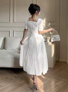 DAZY 女式纯色方领荷叶边下摆优雅纹理中长连衣裙夏季优雅太阳裙 - 白色 - 查看 4