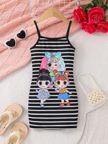 Young Girl Striped Knit Cute Girl Print Camisole Dress