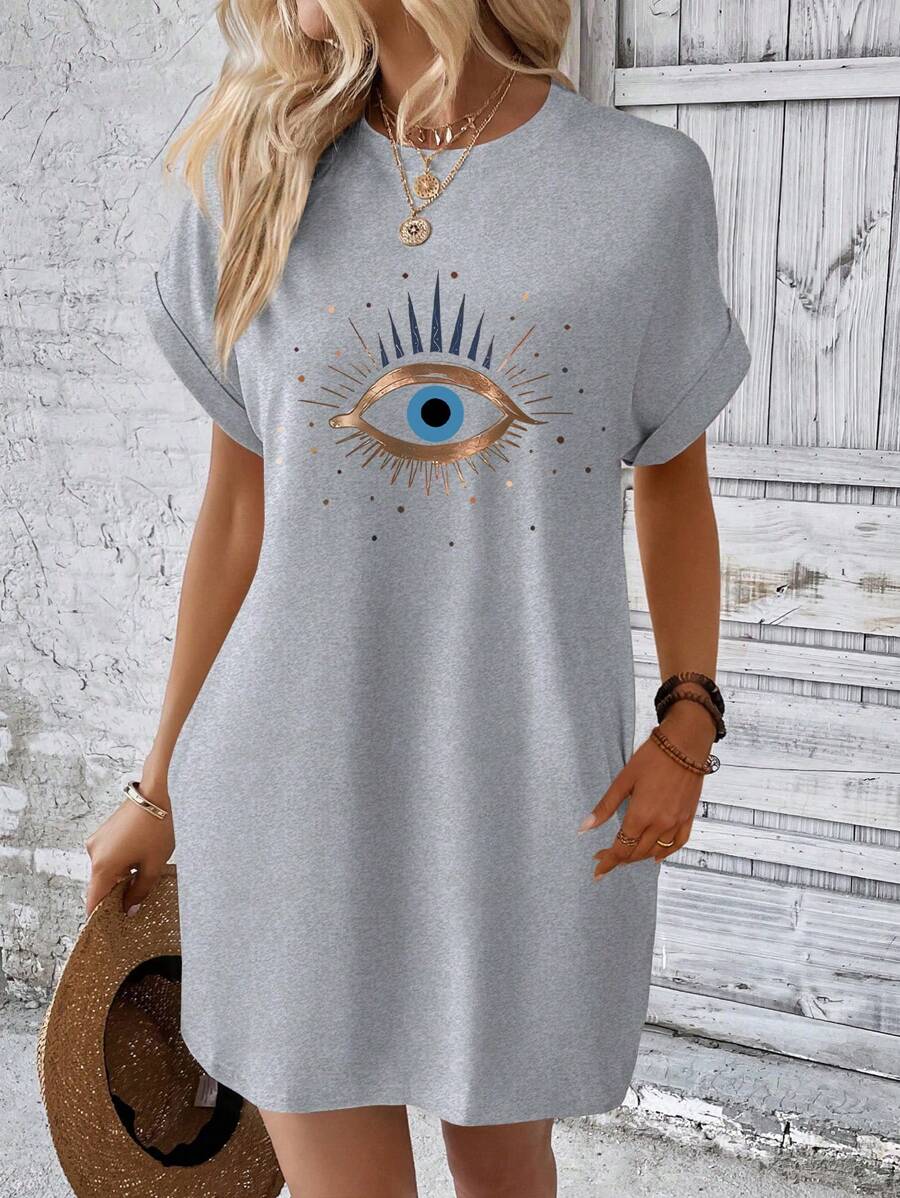 INAWLY Women's Eye Print Batwing Sleeve Dress