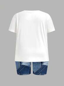 Slaydiva Set de 2 piezas para mujer de talla grande con camiseta de manga corta con estampado de oso de dibujos animados y pantalones cortos estampados, conjunto casual de verano