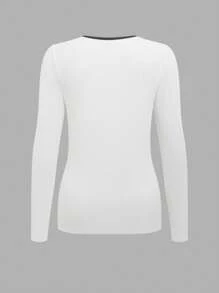 SHEIN Unity Blusa casual da donna con scollo a V, decorata con bottoni, a blocchi di colore, manica lunga, vestibilità slim