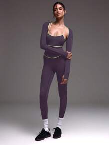 Musera Sport 对比缝线细节吊带修身连体衣 紧身衣、板网球、网球、泡菜球 健身房健身 - 紫色 - 查看 4