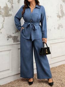 Vionelle 女士法式优雅休闲商务/度假纯色 V 领衬衫，口袋和金属扣收腰细节 + 宽松高弹力腰阔腿裤，长袖，春/秋/冬 - 藍色 - 查看 5