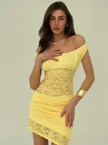 Aloruh 褶皱蕾丝拼布迷你连衣裙，紧身，浅黄色，夏日假期 - 黃色 - 查看 4