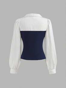 Sparklyn 2pcs/Set Teenage Girls Elegant Casual Striped Chiffon Patchwork Shirt Blouse And Black Skinny Flared Pants Set, Spring & Autumn - Royal Blue - View 4