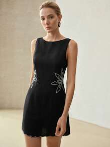 MOTF PREMIUM LINEN FLORAL EMBROIDERY DRESS - Black - View 5