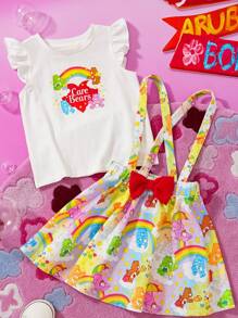 SHEIN X Care Bears 少女卡通熊印花白色盖袖休闲T恤和黄色可爱蝴蝶结吊带裙两件套
