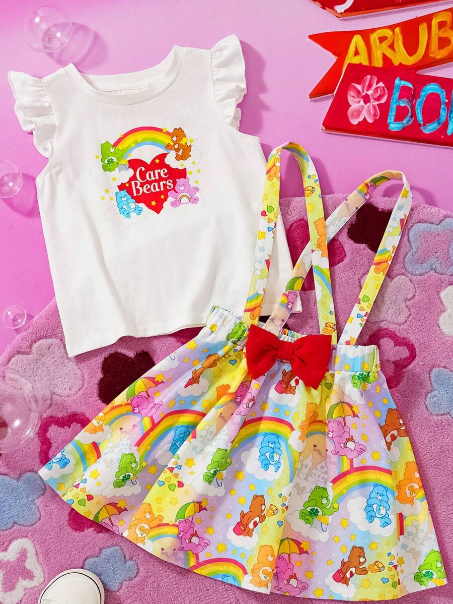 SHEIN X Care Bears 少女卡通熊印花白色盖袖休闲T恤和黄色可爱蝴蝶结吊带裙两件套