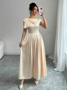Elenzga Vestido largo de verano elegante en color albaricoque sólido para mujeres
