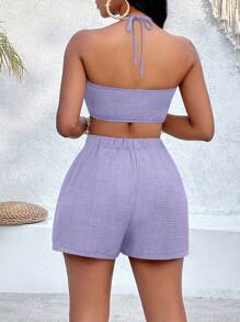 VaVaBold Drop Shoulder Shirt & Tie Backless Halter Top & Shorts - Mauve Purple - View 2