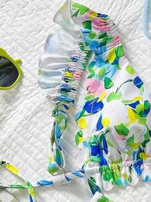Swim Mod Women's Floral Print Ruffle Trim Cute Retro Bikini Set, For Summer Beach Vacation - Multicolor - View 4