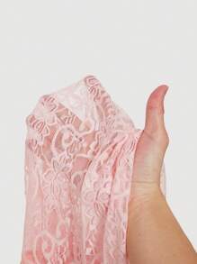 SHEIN MOD 女士针织拼布蕾丝不对称下摆可折叠领口蕾丝花边系带领收腰 T 恤 - 淺粉色 - 查看 5