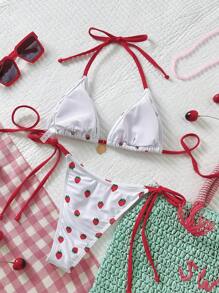 Swim Mod Women's Refreshing Strawberry Print Halter Sexy Fashion Bikini Set - Yellow - View 2