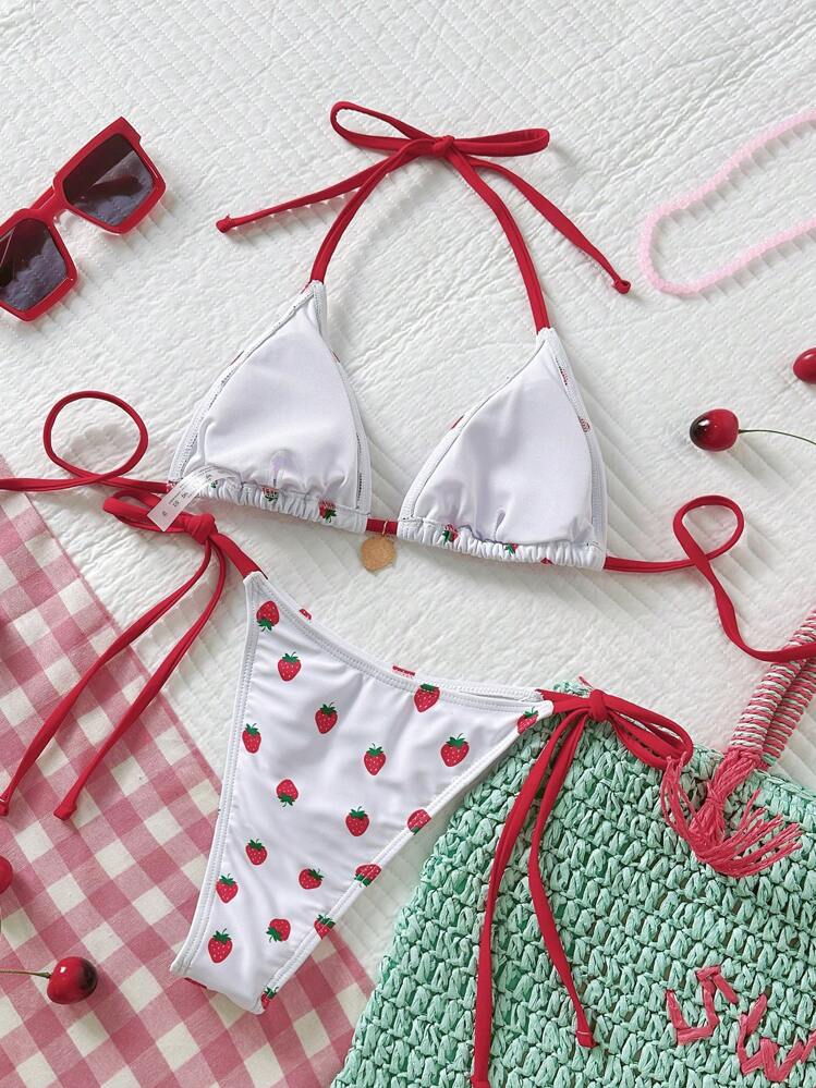 Swim Mod 女士清爽草莓印花吊带性感时尚比基尼套装 - 黃色 - 查看 2