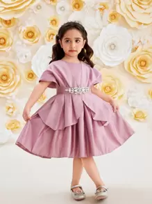 SHEIN Glamorique Kids 少女純色簡約蝴蝶結裝飾禮服 - 粉色 - 查看 1