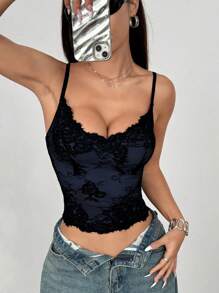 Rina Fox Camiseta interior de encaje de estilo francés con contraste de color y espalda descubierta para mujeres, blusas gráficas para mujer