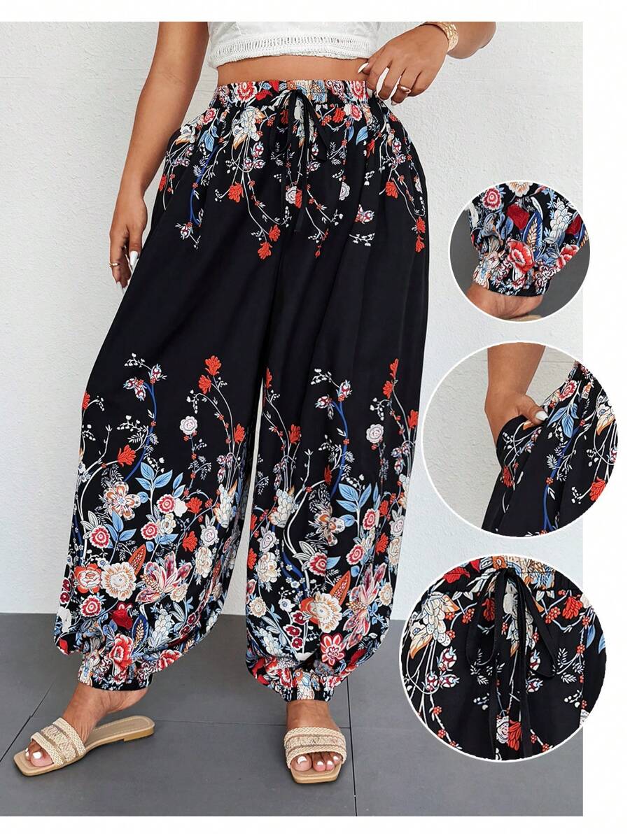 Breezaya Plus Size Bohemian Loose Casual Lightweight Patterned Cropped Pants - Multicolor - View 1