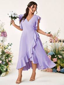 Cravure Abito da donna con arricciatura al fondo, monocolore, con cintura in vita, senza maniche, elegante, vestito da matrimonio, abito da ospite di matrimonio, taglie forti