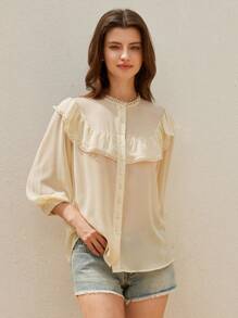 Aveloria Rosie Nueva Blusa elegante y casual de mujer con estilo francés retro, cuello en V, parche, acabado con volantes decorativos y mangas medianas de gasa
