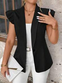 Calvaya Traje de negocios de alta gama para mujer de talla grande, con textura gris, solapa, botones frontales y mangas con doble volante. Resalta la cintura y estiliza la figura. Adecuado para oficina, fiesta y uso diario. - Negro - Ver 4