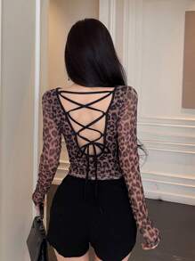 Modelyn Women's Leopard Print Mesh Strappy Back Long Sleeve Sexy T-Shirt - Coffee Brown - View 2