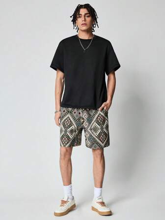 Street Life Shorts amples décontractés pour hommes avec imprimé géométrique sur la poche