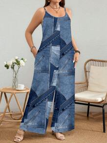 EMERY ROSE Plus Size Denim Effect Patchwork Pattern Print Loose Jumpsuit Romper, Suitable For Spring, Summer, Autumn,Flower/Vacation - Blue - View 2