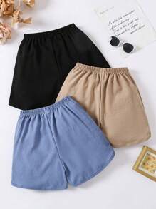 3pcs Tween Girl Casual Loose Textured Bubble Fabric Arc Hem Multi-Color Shorts