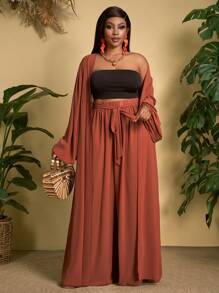 Slaydiva Conjunto de 2 piezas de ropa de mujer de talla grande, versátil y sencilla, ideal para playa/estilo bohemio, festivales, raves, Pascua, conciertos de música country, salidas, estilo fairy, aeropuerto, estilo occidental, casual. Incluye blusa de manga farol + pantalón ancho/holgado/fluido. Traje suave de 2 piezas para mujer en primavera. - Óxido marrón - Ver 2