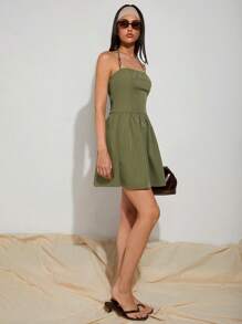 COSMINA Women's Green Halter Mini Dress: Sleeveless Woven Casual Dress With Chain Detail - Green - View 5