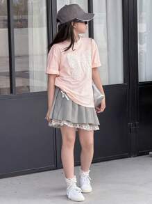 DAZY Tween Girl Round Neck Knit Short Sleeve Butterfly Print T-Shirt, Spring/Summer, Back To School Clothes - Pink - View 7