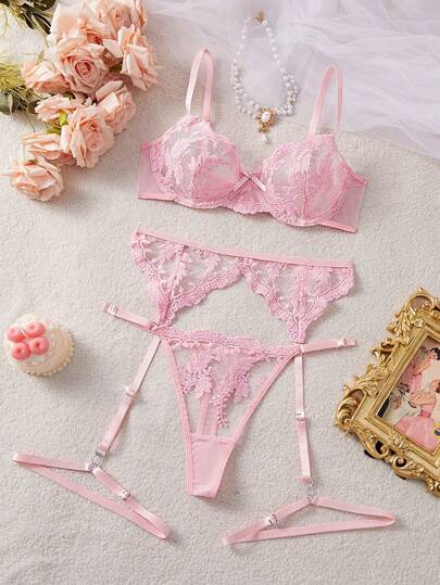 5pcs/Set Women's Sexy Lingerie With Floral Embroidery, Mesh And Bow Decor Bowknot For Going Out view 3