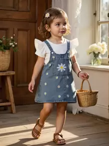 SHEIN Baby Girls White And Blue Floral Denim Cami Dress Set,Cute Short-Sleeved Knitted Top&Open Crotch Denim Effect Suit For Autumn Picnic,Spring Summer - Multicolor - View 1