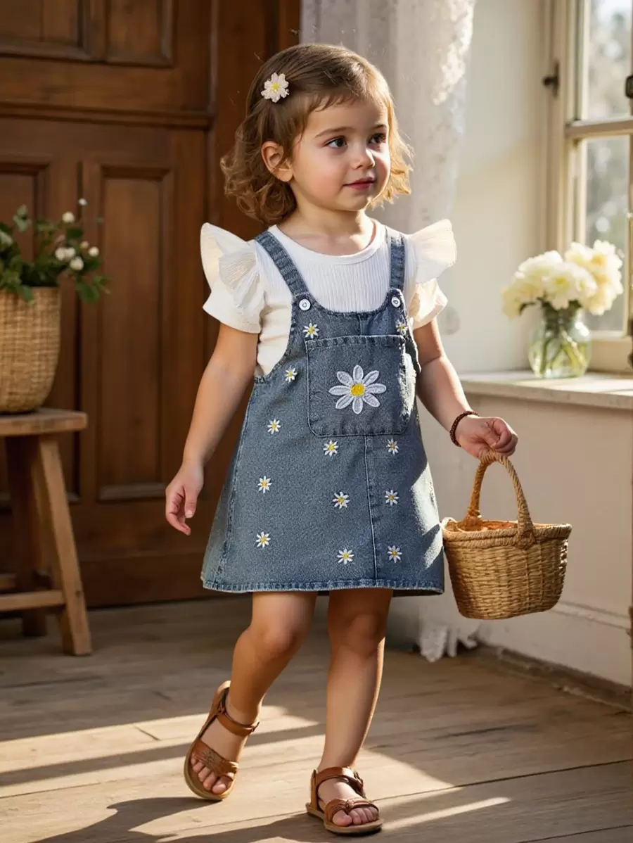SHEIN Baby Girls White And Blue Floral Denim Cami Dress Set,Cute Short-Sleeved Knitted Top&Open Crotch Denim Effect Suit For Autumn Picnic,Spring Summer - Multicolor - View 1
