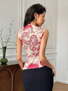 EastFlair Damen Kurzarm Lässig T-Shirt mit Blumen- und Chinesischem Drachen Muster, Kragen, Damen Sommer Geburtstag Elegant Chinesischer Stil Muster Top