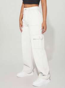 SHEIN PETITE Casual Simple Solid Color Cargo Denim Jeans